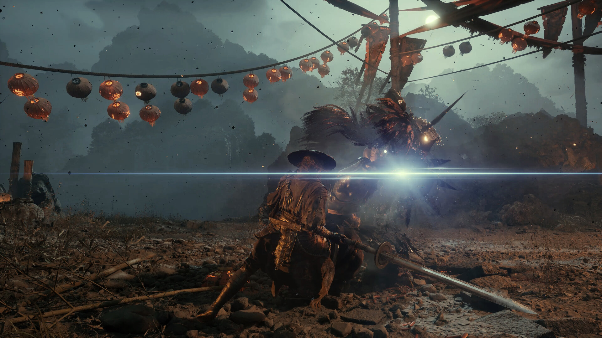 Phantom Blade Zero panoramic view of a sprawling Chinese fantasy city at twilight